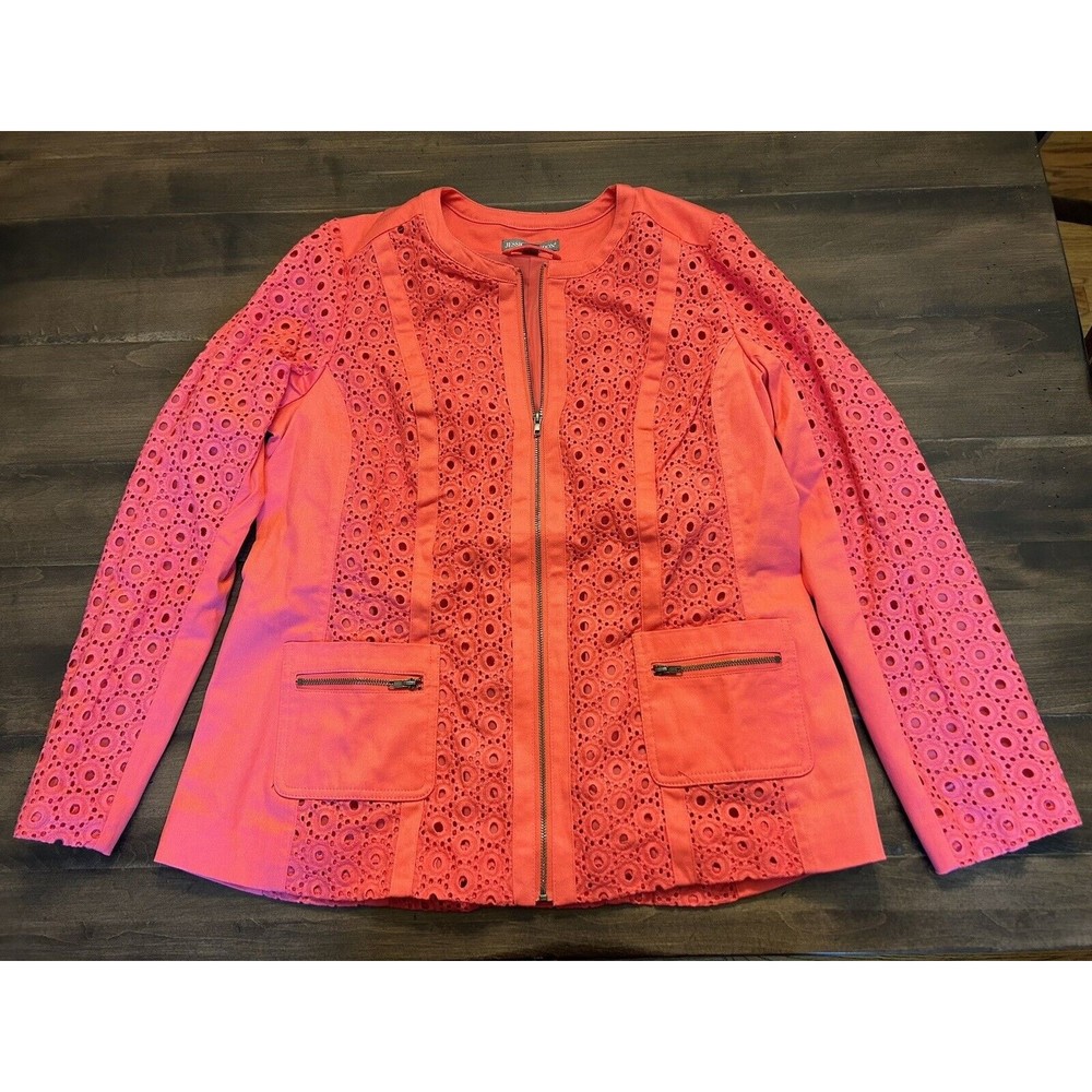 Jessica London Women’s Cotton Full Zip Jacket Eyelet Lace Pockets Size 12W Fall